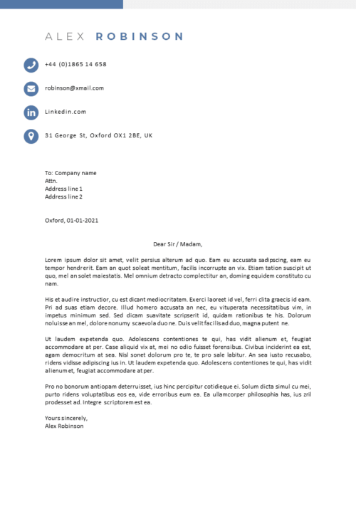 Example cover letter template matching cv template Oxford